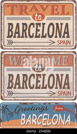 Carte de souhaits de bienvenue de Barcelone Espagne, pour impression ou web, authentiques à souvenir. Illustration de Vecteur