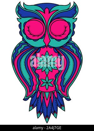 Amusant grand hibou avec long bec et yeux clos en turquoise, les couleurs bleu et rose isolé sur le fond blanc, cartoon illustration vectorielle Illustration de Vecteur