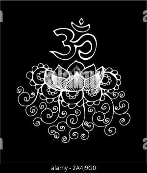 LoBlack en noir et blanc et blanc lotus illustration. Motif, om et flowertus illustration. Motif, om et fleur. La craie sur un tableau noir. Illustration de Vecteur