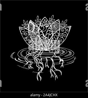 Lotus noir et blanc illustration. Motif, om et fleur. La craie sur un tableau noir. Illustration de Vecteur