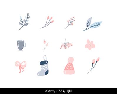 Décoration de Noël icons set avec des feuilles, un chapeau, des chaussettes, du ruban et des autres éléments. Des éléments isolés vector illustration bundle Illustration de Vecteur