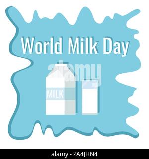 Contexte de conception d'affiches pour la journée mondiale du lait. Le blanc du papier et emballage bleu et verre de lait sur l'image, du lait sur le dessus du châssis. Vector cartoon style h télévision Illustration de Vecteur