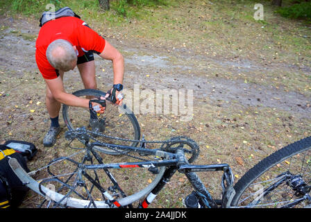 Réparation roue de bicyclette, l'homme percé roue de bicyclette, le trou de roue de bicyclette, forêt, région de Kaliningrad, Russie, Europe de l'Est, le 31 juillet 2019 Banque D'Images