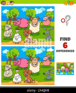 Cartoon Illustration de trouver les différences entre les images jeu éducatif pour enfants avec des animaux heureux caractères Illustration de Vecteur