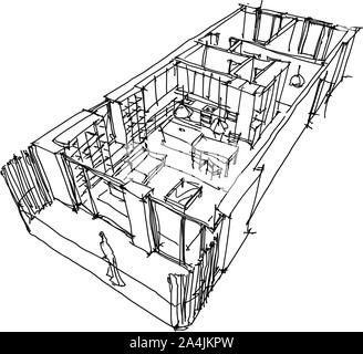 Croquis dessinés à la main, de Perspective découper entièrement meublé appartement diagramme Illustration de Vecteur