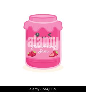 Gelée de fraises Cute Vector Cartoon Jam Jar Bouteille Illustration de Vecteur
