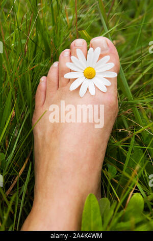 Close-up of womans les pieds dans l'herbe, décoré avec des fleurs Banque D'Images