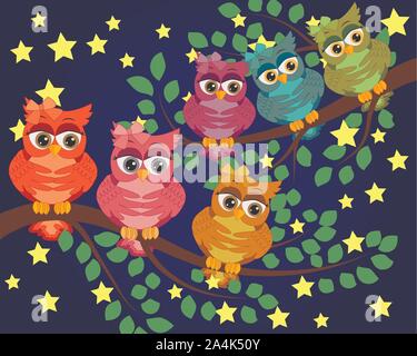 Bonne nuit et doux rêves.scène de nuit avec lune et étoiles,owl.Hibou sur la branche.Lune faite de stars.La Nature. Illustration de Vecteur