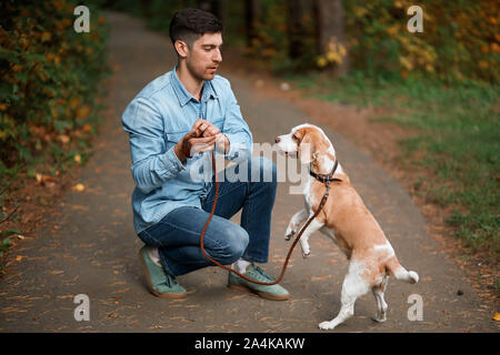 Jeune homme profiter de passer du temps avec l'animal de compagnie, chien de formation, photo pleine longueur Banque D'Images
