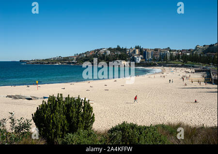 24.09.2019, Sydney, Nouvelle-Galles du Sud, Australie - Personnes dans le sable sous un ciel bleu clair sur Coogee Beach avec des bâtiments dans le contexte. Banque D'Images