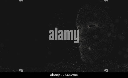 Visage humain composé de lignes et points lumineux. 3D illustration sur fond noir Banque D'Images