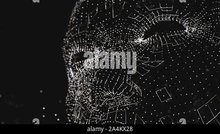 Visage humain composé de lignes et points lumineux. 3D illustration sur fond noir Banque D'Images