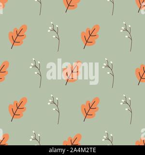 Les feuilles et les glands d'herbe fleurs sauvages nature fond vectoriel continu en couleurs d'automne. Orange noir blanc vert motif floral stylisé automne formes Illustration de Vecteur
