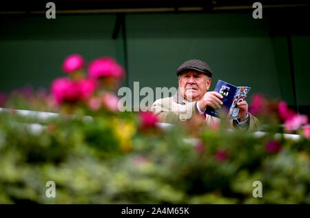 Un racegoer repose regarde à travers un programme officiel à Ascot Racecourse. Banque D'Images