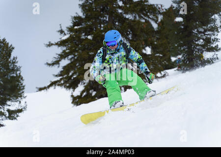 Homme snowboarder riding sur flanc sur fond d'arbres dans les après-midi Banque D'Images