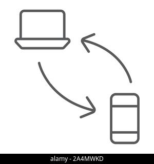 Le transfert des données de l'ordinateur portable à l'icône de la ligne mince smartphone, la technologie et le transfert, synchronisation signer, le vectoriel, un motif linéaire sur une Illustration de Vecteur