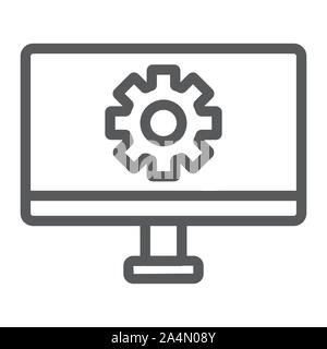 L'icône de la ligne des paramètres de l'ordinateur, la technologie et l'équipement, de surveiller avec le signe, les graphiques vectoriels, un motif linéaire sur un fond blanc. Illustration de Vecteur