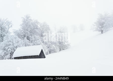 Hiver neige dans un village de montagne. Paysage avec le brouillard et la neige profonde. Maison en bois solitaire Banque D'Images