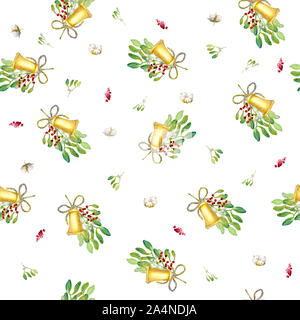 Motif de noël transparente sur un fond blanc. Composition de Bell et branches de gui, fruits rouges fruits de coton, corde, bow.Grande à l'emballage des p Banque D'Images