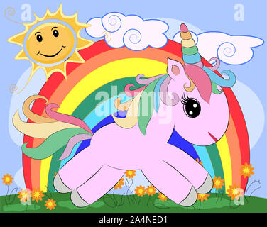 Licorne rose sur une prairie de fleurs, arc-en-ciel, soleil. Illustration de l'enfant, personnage de conte de fées, rêveur. Banque D'Images