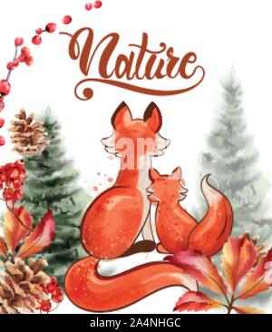 Fox avec son bébé dans la nature aquarelle vecteur. Cartes de saison automne Illustration de Vecteur