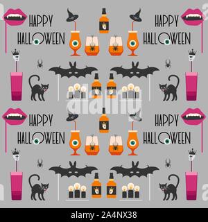 Halloween Party 2020 Vector illustration inscription Halloween party, verre, bouteille, spider, crâne, chauve-souris, la bouche de vampire masque, chapeau de sorcière, chat, bougies, Illustration de Vecteur