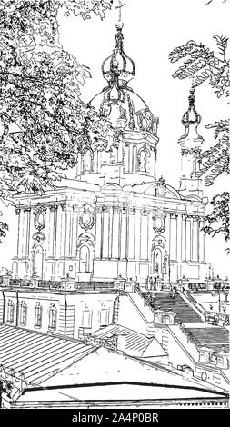 Eglise de Saint-André à Kiev. Ukraine - Illustrations croquis dessin noir et blanc vector illustration Illustration de Vecteur