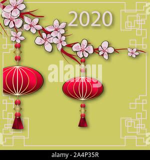 Le nouvel an chinois. Nouvelle année dans un style chinois sur fond d'or. Ornement graphique. Caractère de la souris. Carte de Noël Illustration de Vecteur