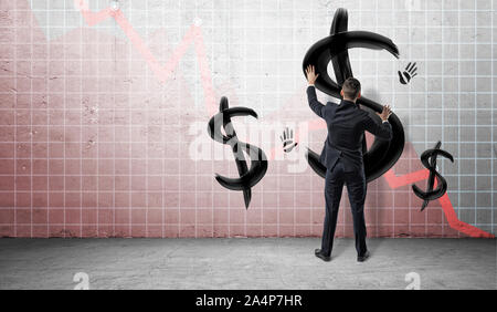 Les hommes d'arrière-plan du graphique statistique plaçant les mains sur un mur peint en noir avec le signe dollar et imprime à la main. Banque D'Images