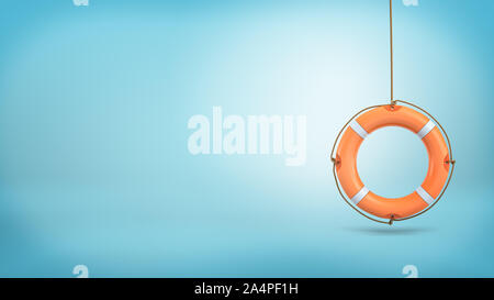 Le rendu 3D d'une seule bouée orange pend à une corde sur un fond bleu. Banque D'Images