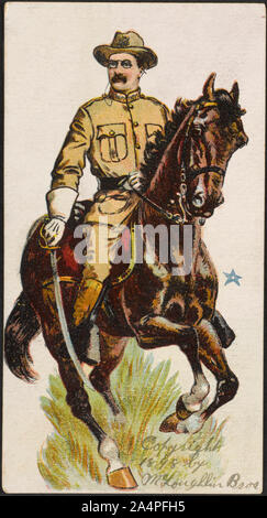 Theodore Roosevelt, en uniforme à cheval, tenant un sabre, Lithographie couleur Illustration par McLoughlin Bros., 1898 Banque D'Images