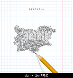 Bulgarie carte dessinée gribouillis croquis sur papier de l'ordinateur portable de l'école à damiers arrière-plan. Carte de la Bulgarie à la main. Crayon 3D réaliste. Banque D'Images