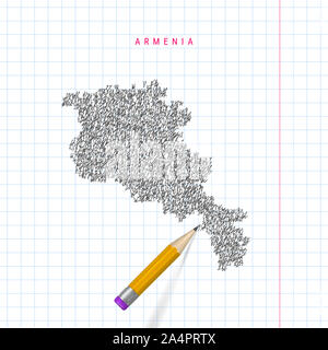 L'Arménie sketch scribble carte dessinée sur ordinateur portable à l'école à carreaux papier fond. Plan dessiné à la main de l'Arménie. Crayon 3D réaliste avec du caoutchouc. Banque D'Images