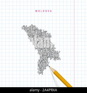 Moldova sketch scribble carte dessinée sur ordinateur portable à l'école à carreaux papier fond. Hand drawn plan de la Moldova. Crayon 3D réaliste. Banque D'Images