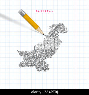 Pakistan carte dessinée gribouillis croquis sur papier de l'ordinateur portable de l'école à damiers arrière-plan. Plan dessiné à la main du Pakistan. Crayon 3D réaliste avec du caoutchouc. Banque D'Images