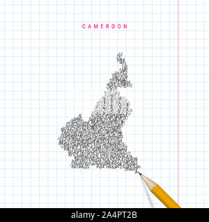 Cameroun carte dessinée gribouillis croquis sur papier de l'ordinateur portable de l'école à damiers arrière-plan. Carte du Cameroun à la main. Crayon 3D réaliste. Banque D'Images