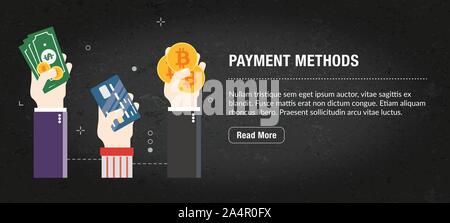 Méthodes de paiement concept. Bannière Internet avec des icônes dans le vector. Bannière Web pour l'entreprise, des finances, de la stratégie, l'investissement, la technologie et la planification. Illustration de Vecteur