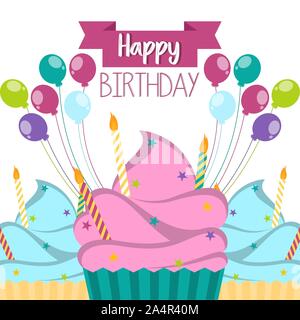 Carte d'anniversaire de couleur avec des petits gâteaux et des ballons - Vector Illustration de Vecteur