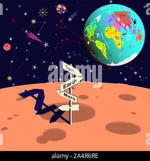 Vue de la planète Terre de la lune. L'espace dans un style de dessin animé. Vector illustration. Illustration de Vecteur