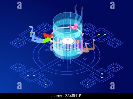 Le travail d'équipe. La réalité virtuelle communication concept avec des personnages. Peut utiliser pour les bandeaux web, infographie, héros des images. Télévision vector illustration isométrique Illustration de Vecteur