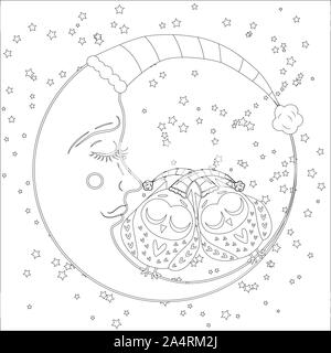 Livre de coloriage pour les enfants plus âgés et les adultes. Coloriage avec un hibou sur la lune parmi les étoiles Banque D'Images