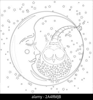 Livre de coloriage pour les enfants plus âgés et les adultes. Coloriage avec un hibou sur la lune parmi les étoiles Banque D'Images