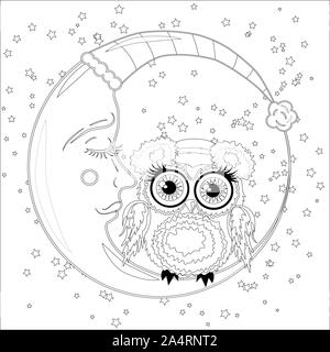 Livre de coloriage pour les enfants plus âgés et les adultes. Coloriage avec un hibou sur la lune parmi les étoiles Banque D'Images