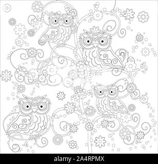 Livre de coloriage pour les enfants plus âgés et les adultes. Coloriage avec cute owl et floral frame. Schéma d'encombrement du zentangle en style. Banque D'Images