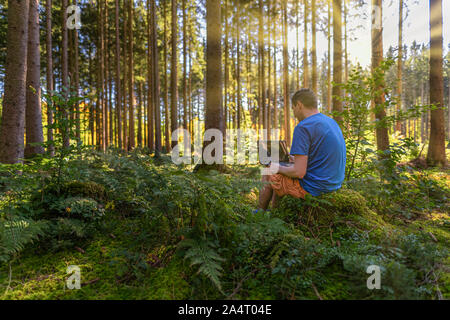 Se sentir bien au travail - travailler l'homme avec un ordinateur portable dans une forêt verte. Banque D'Images