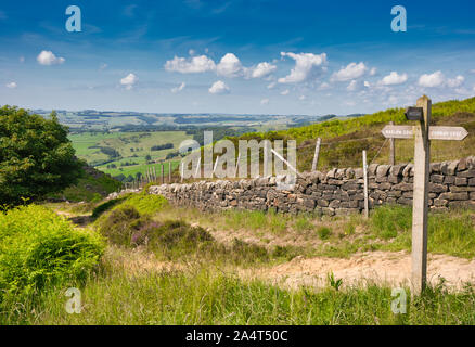 Panneau en bois vers Curbar Edge, White Edge et Baslow Edge dans le parc national Peak District, Derbyshire, Angleterre Banque D'Images