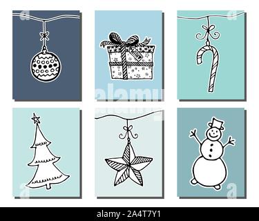 Doodle cartes de Noël ensemble. Mignon à la main des éléments de design pour poster, baner, carte d'invitation. Joyeux Noël et Nouvel An des symboles. Vector illustration Illustration de Vecteur