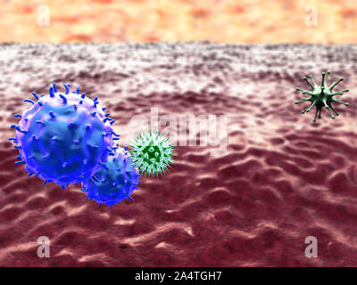 Les macrophages tue l'virus, à l'intérieur de corps humain, arrière-plan vidéo médicale, les virus dans le corps humain Banque D'Images