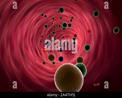 Illustration 3D de médicaments dans le sang, l'insuline et des leucocytes à l'intérieur du vaisseau sanguin, de haute qualité de rendu 3D de cellules du sang, pulsant de l'artère vers le bas Banque D'Images
