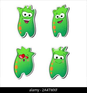 Habitants exotiques. Green jelly monstres. Un ensemble d'autocollants est sourire, rire, dans l'amour, embarrassé. Cute Cartoon mascottes pour vêtements, imprimer, cartes, Illustration de Vecteur